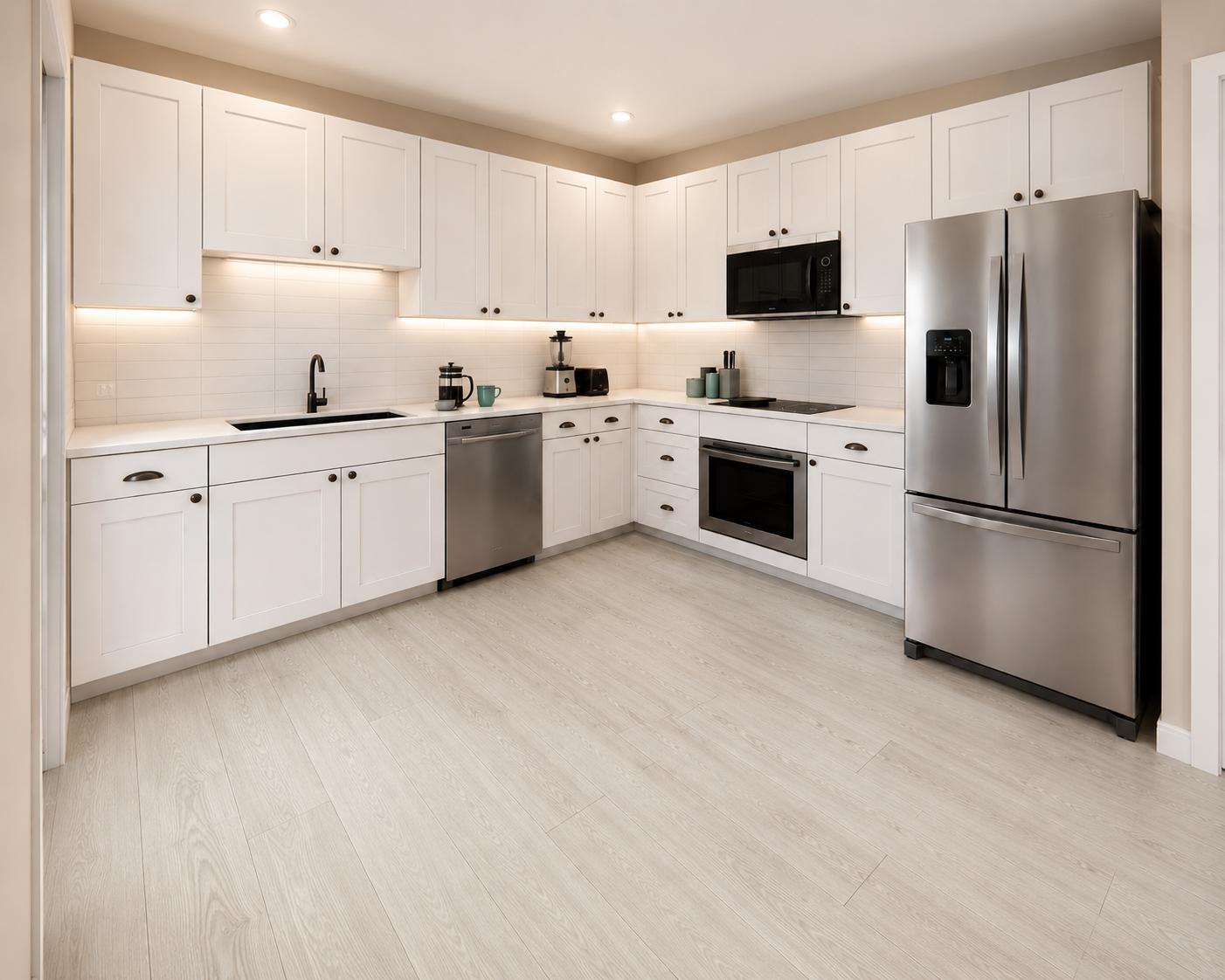 Render of a modern duplex interior showing a spacious living and dining area.
